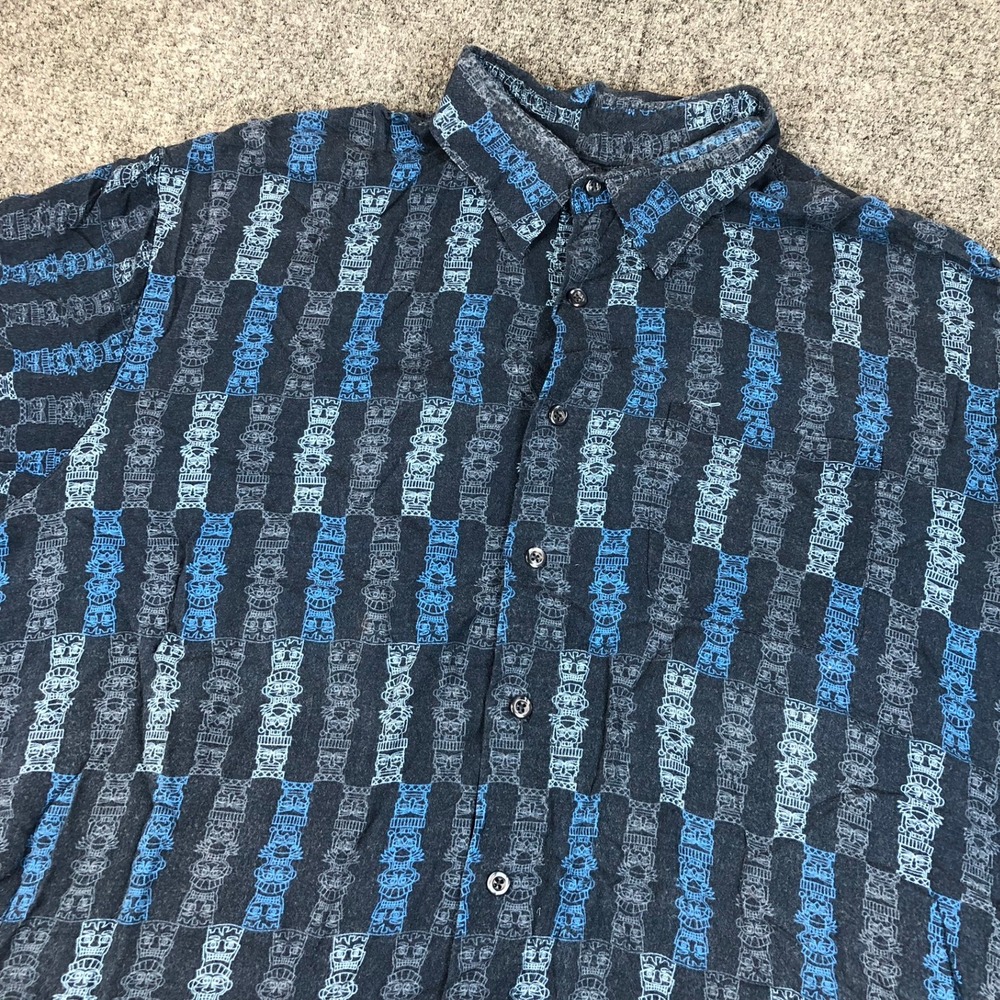 Puritan Mens XL Rayon Tiki Totem Pole Button Up Shirt Navy Blue Short Sleeve
